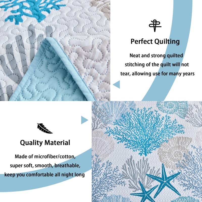 Tritard 3 Piece Coastal Quilt Sets King Size - Reversible Microfiber Quilts with 2 Shams Soft Lightweight Beach Bedding Nautical Bedspread Coverlet Summer Comforter Set for All Season  106''x96'' - Image 3